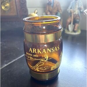 Siesta Ware Amber Glass Mug Wood Handle Arkansas Lakes Barrel Vintage